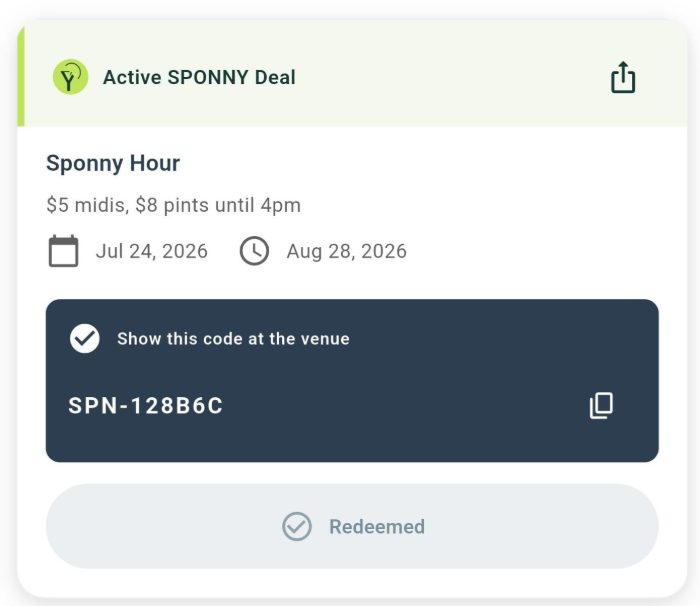 Redeem your Sponny deal at the venue