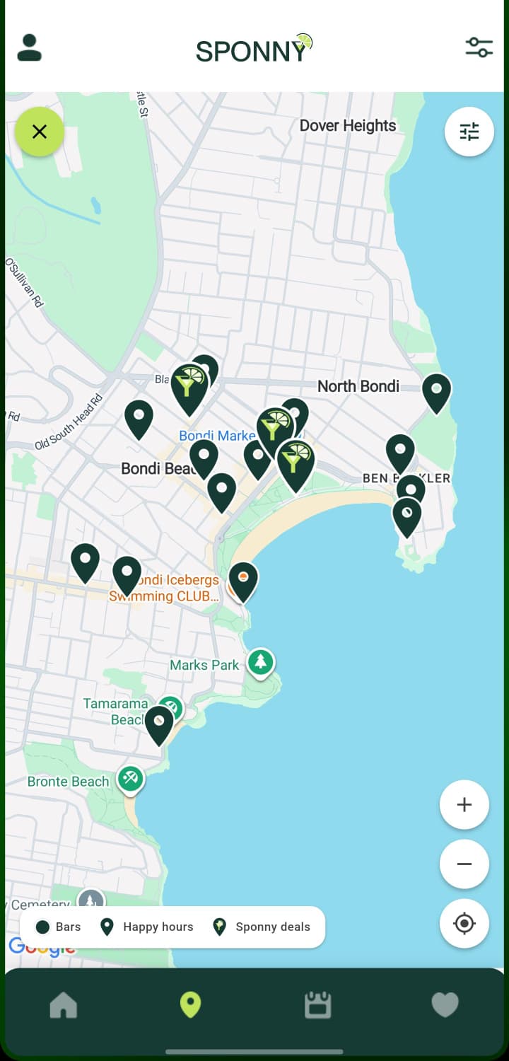 The Sponny live map, showing bars, happy hours and Sponny deals around Bondi